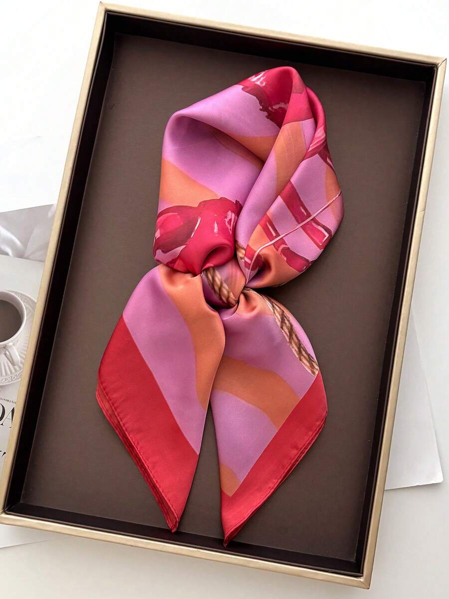 1件女款奢華設計鏈條與龍蝦印花春季方巾,70*70cm,頭巾/包包綁帶,適合日常穿著 - 彩色 - 查看 1