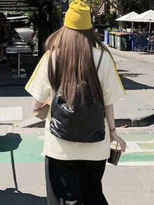 女款寬鬆條紋對比色字母印花短袖T恤，百搭夏季休閒上衣 - 淺杏色 - 查看 5