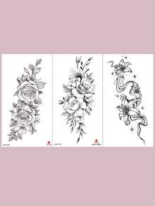 3入時尚可水洗線條百合花紋身貼紙，防水長效，清新花苞漸層花蕊圖案，適合女性側腰，逼真臨時紋身貼 - 黑色 - 查看 10