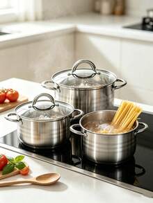 12pcs/6pcs Stainless Steel Cookware Set Stockpot Saucepan Frying Pan Set With Tempered Glass Lids Heat Resistant Handles Induction Gas Electric Stove Compatible Kitchen Cooking Pots Pans,Durable And Easy To Clean - View 8