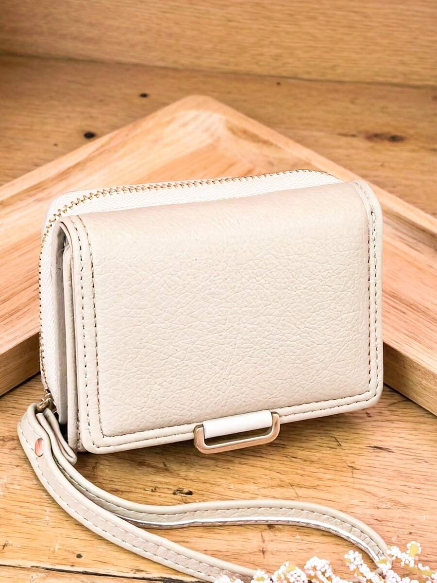 MINGYOU Cartera corta de mano plegable en tres partes, cartera multifunción de PU para mujer con cremallera, monedero de gran capacidad, tarjetero - Beis - Ver 1