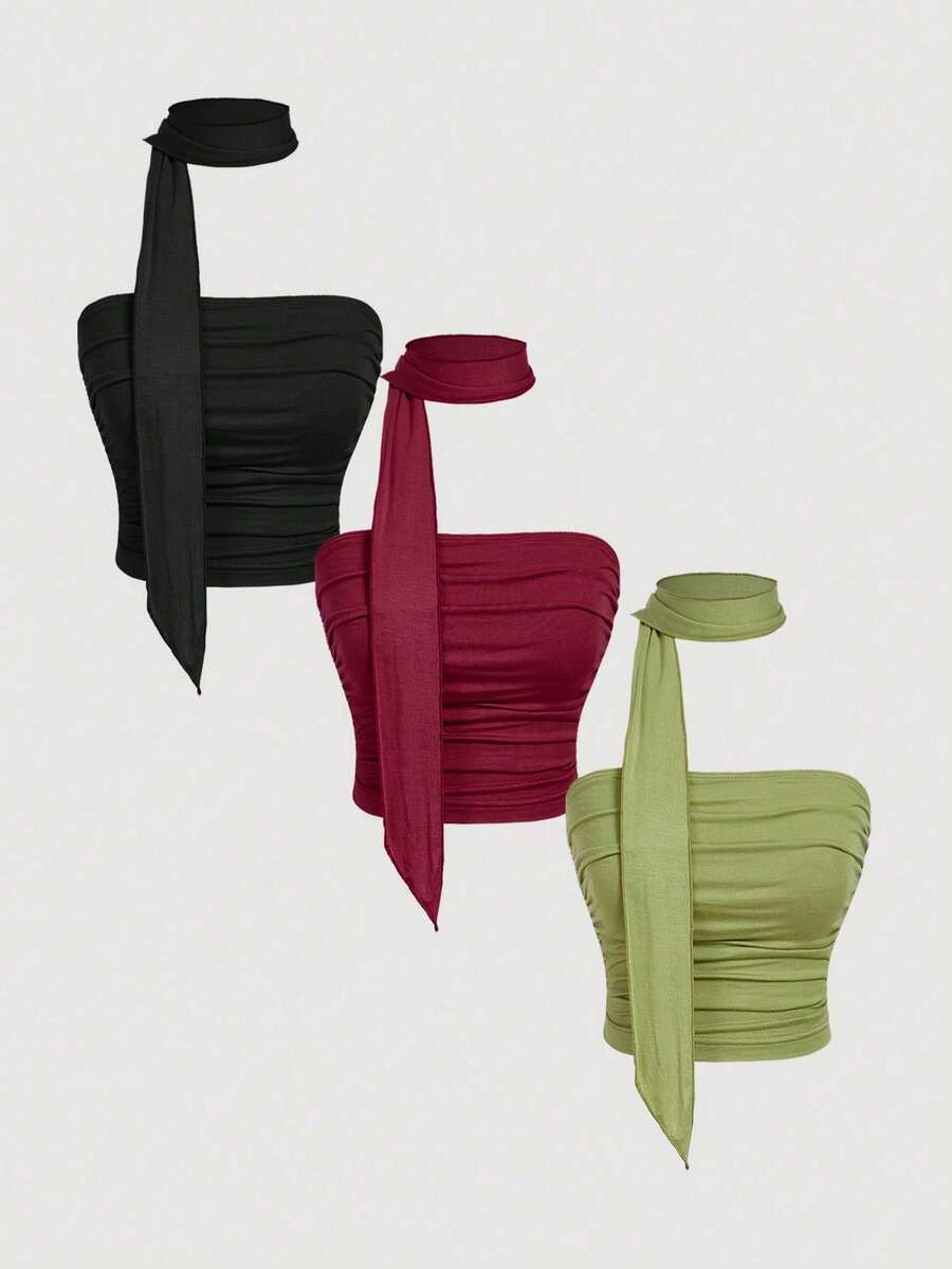 MOD Set de 3 piezas de top corto de punto ajustado con volantes y tirantes de bufanda para mujeres - Multicolor - Ver 1