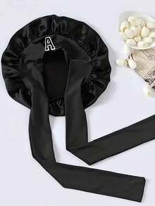 1pc A-Z Letter Adjustable Tie Style! Black Satin Letter Hair Care Sleep Cap, Women's Exclusive, Home Sleep Hair Care Bonnet, Luxury Care Hat - Black - View 4
