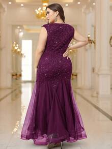 Plus Size Elegant Heart Neckline Sequin Lace Sleeveless Mesh Mermaid Hem Formal Party Long Dress, Suitable For Prom, Evening Gala, Wedding Guest, Birthday, Graduation Ceremony - Maroon - View 2