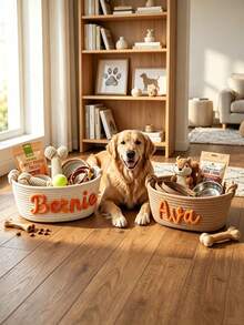 1pc Custom Names Of Cats Or Dogs Woven Storage Basket, Soft Cotton Rope Woven Pet Bed, Desktop Storage Tool With A Customizable Name, Storage Basket For Pet Snacks Or Toys, Multipurpose Basket, Handled Basket, Home Decor, Christmas Present - Multicolor - View 3