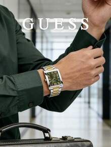 Guess Women's Quartz Rectangular Watch Two-Tone Gold Silver Case Emerald Green Dial Roman Numerals Minimalist Elegant Accessory For Boardroom Meetings - Silver - View 3