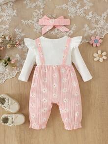1 pieza Mono de bebé niña con estampado de margarita y lazo acanalado, con diadema, fino para primavera/otoño - Rosa - Ver 2