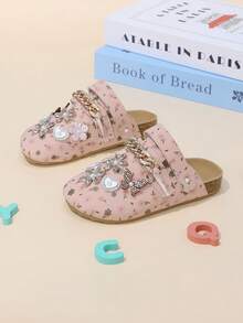 Sandalias cerradas de verano para niñas con flores 3D, mariposas, corazones, strass, cadena dorada e impresión, rosa - Rosa - Ver 3