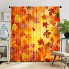2pcs Warm Orange Gradient Maple Leaf Pattern Printed Semi-Sheer Curtains, 90GSM Polyester Fiber Semi-Sheer Privacy Protection, Easy Installation, Quick Dry, Washable, Fade-Resistant, Lightweight Removable Curtains, Suitable For Home, Room, Kitchen And Other Partitions Or Decoration - Multicolor - View 13