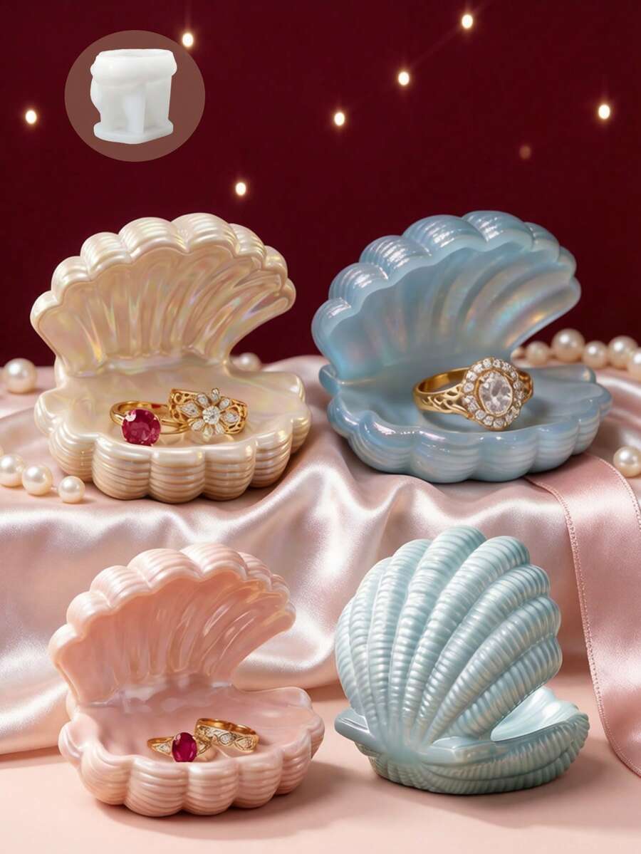 3D 翻蓋貝殼矽膠模具,可用於鑄造珠寶收納盤、香氛裝飾、桌面收納托盤,兼容石膏、環氧樹脂,一體成型 - 張開貝殼 - 查看 1