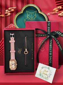 LUCKYFOX 女款手錶禮品套組，附優雅手鍊與祝福卡，PU皮革石英手錶，適合日常配戴，適用於各種節日，送給心愛之人的完美禮物 - 均碼 - 查看 8