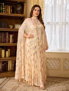 Plus Size Women's Heavy Beaded Embroidery Sequin Glamorous Stand Collar Elegant 2 Pieces Arabian Dress, Suitable For Ball And Multiple Occasions Fall - Apricot - View 6