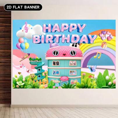 2D平面橫幅 1件 HAPPY BIRTHDAY 馬卡龍卡通滑梯城堡彩虹生日背景掛布，黏土風周歲生日派對風格，生日拍照背景布，周歲生日派對裝飾，生日氛圍佈置，聚酯纖維