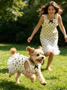 1件波點荷葉邊吊帶寵物芭蕾公主裙，柔軟透氣薄紗蝴蝶結公主裙，可愛夏季狗狗衣服，適合約克夏梗、吉娃娃及其他小型犬貓 - 彩色 - 查看 1