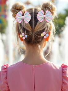4 piezas de pinzas de lazo para el cabello de color caramelo, pinzas de cocodrilo con cola de pompones largos, barretas de cabello de color arcoíris lindas, horquillas para el cabello para uso diario y fiestas festivas, accesorios para el cabello de adolescentes - Multicolor - Ver 9