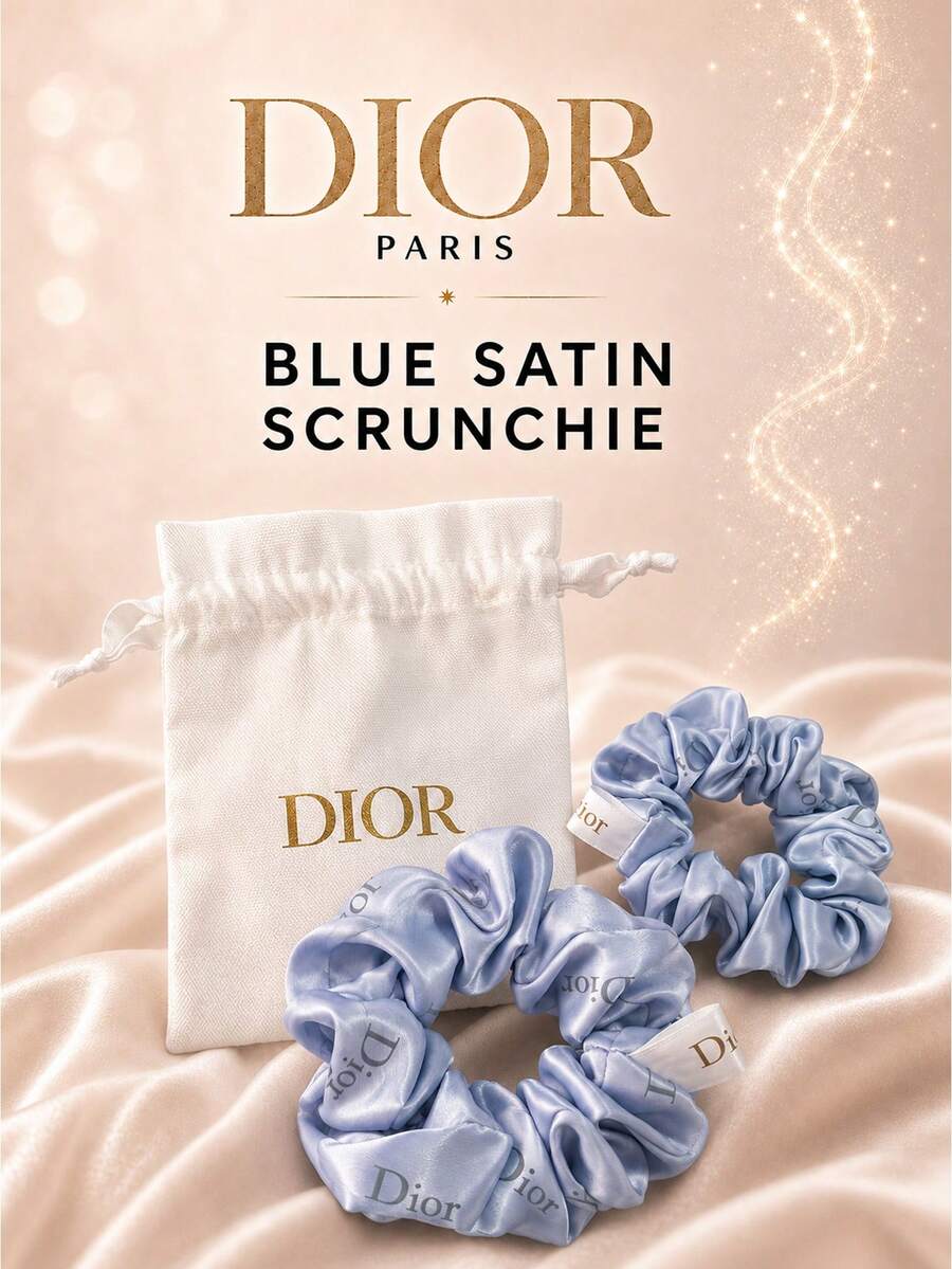 Dior 藍色緞面大腸圈髮圈 10cm/8cm，柔軟緞面附品牌 Logo 印花，彈性髮圈，適合日常髮型造型與禮盒贈禮