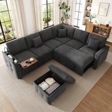 Sofá esquinero XXL en forma de L para 7 personas, extensible y convertible en cama con función de descanso. - Gris - Ver 4