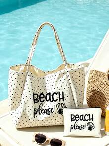 Vintage Polka Dot White Large Capacity Shoulder Bag Set - Black Letter "Beach" Print And Magenta Glitter Letter Style, Shopping And Travel Tote Bag With White Small Bag, Foldable Shoulder Handbag, Commuter Tote Bag, Tablet Bag, Storage Bag, Summer Essential Travel Bag, Suitable For Beach Trips, Pool Days, Shopping And Daily Use. Back To School, Teacher's Day Gift - Multicolor - View 2