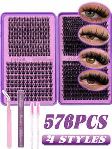 576pcs Eyelash Extension Kit, Mix Individual Lashes Kit With Lash Bond And Seal, Lash Tweezers, Brush, Large-Capacity False Eyelash,Ultra-Thick Lashes, Lightweight Natural Curly Eyelashes,Suitable For DIY Eyelash Makeup Design - Black - View 9