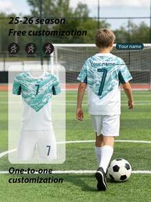 25-26 2pcs/Set White All-Over Print Burnout Boys Soccer Outfit, Personalized Name & Number Customization/Club Hot-Selling Jersey, No.7 Print Sports Player Style, Short Sleeve & Shorts Set, Suitable For Boys & Girls, Sports, Cycling, Outdoor Running, Football, Celebrity Style - White - View 5