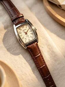 sottas New Women's Square Watch, Minimalist Digital Dial, Casual Versatile, Retro Quartz Student PU Leather Strap Wristwatch - Brown - View 4