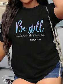 Camiseta de Moda para Mujer de Talla Grande con Estampado de Letras, Lavable a Máquina - Negro - Ver 1