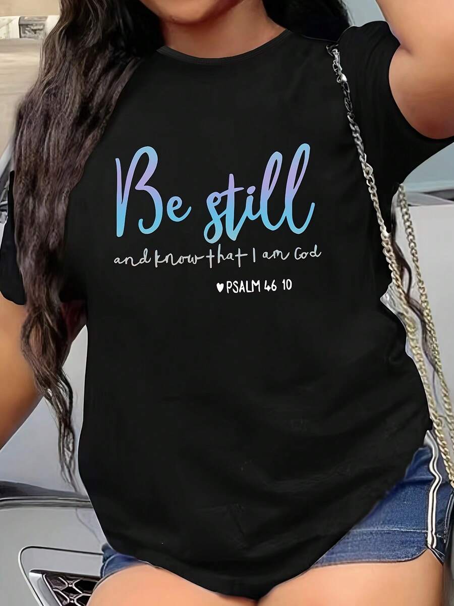 Camiseta de Moda para Mujer de Talla Grande con Estampado de Letras, Lavable a Máquina - Negro - Ver 1