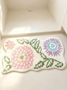 Wavy Asymmetrical Floral Pattern Bathroom Rug | Soft Lines With Natural Feel, French Country And Cream Style, Suitable For Wooden Decor, 1m Thick, Fluffy And Soft, Comfortable Foot Feel, Faux Cashmere Soft Bathroom Rug, Non-Slip Bottom, Versatile Soft Door Mat, Makeup Mat, Porch Mat And Patio Mat, Cozy Entryway Mat, Bathroom Rug, Bathtub Rug, Home Bedroom Rug, Bay Window, Balcony, Bedside Blanket, Office Desk Rug, Living Room Indoor/Outdoor Rug, Washing Machine Rug, Machine Washable - contracted design - View 3
