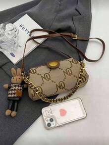 Khaki Letter Print Small Square Shoulder Bag, Dual Gold Chain & Leather Handle Strap, Metal Buckle Decor, Cute Rabbit Charm, Daily Handbag - Khaki - View 6
