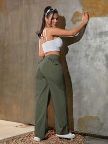 Pantalones Cargo de unicolor con Cintura Alta y Decoración de Botones Estilo Festival de Música Y2K - Verde militar - Ver 2