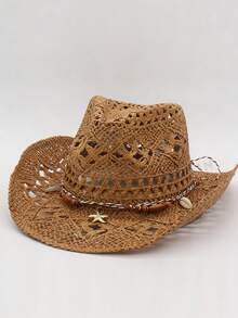 1pc Bohemian Style Solid Color Star Embellished Hollow Out Panama Straw Hat, Casual UV Protection Decorative Sun Hat, Fashionable Versatile, Suitable For Outdoor Activities, All Season - A - View 4