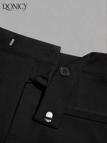 DONICY Women's Black High-Waisted Slim Fit Mini Skirt, Crisp Fabric, Faux Pockets, Fitted Silhouette, Suitable For Spring Commute And Casual Wear - Black - View 4