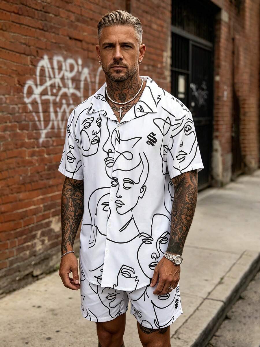 Men's 2pcs Set Abstract Face Line Art Print Sketch Short Sleeve Shirt, Summer Streetwear Fashion Graffiti Style - White - View 1