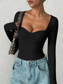 imisic Robe moulante à manches longues et col V froncé. Le col est conçu avec un profond décolleté en V. C'est un vêtement de base ajusté, adapté pour le port en extérieur, avec un effet de mise en forme. Cette robe moulante à manches longues et col V est adaptée pour les sports, la maison et les activités quotidiennes. - Noir - Voir 6