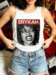 Women's Erykah Badu Print Tank Top, Retro Soul Sleeveless Tops, Western Outfits For Women, Black Tops, Summer Tops - 白色 - 查看 1