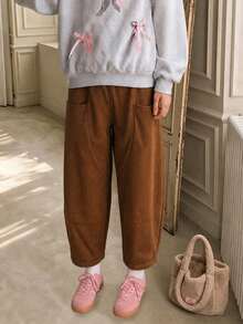 1pc Girls/Teens Casual Corduroy Versatile Pants - Brown - View 2