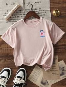 女嬰圓領休閒T恤，"Simple Life Sweet Vibes"標語與番茄印花透氣短袖上衣 - 粉色 - 查看 4