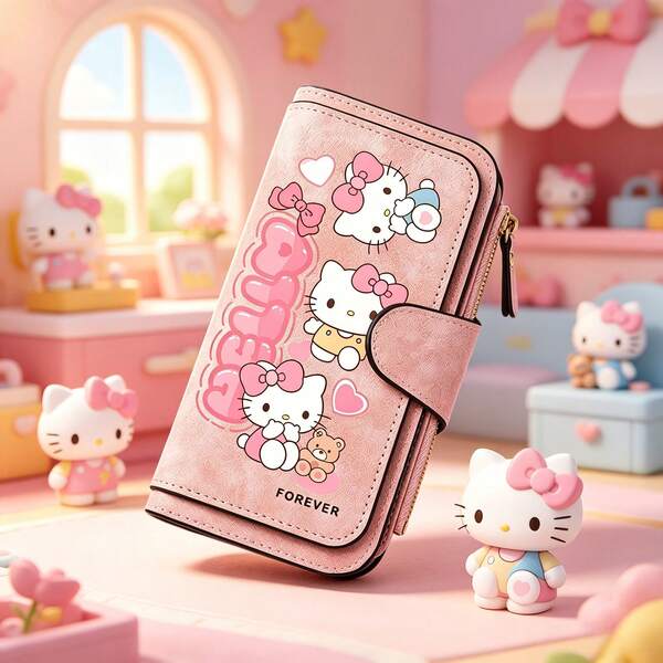 1pc Sanrio Women's Clutch Wallet Card Holder, Cute Cartoon Print PU Clutch, Multiple Card Slots With Zipper Coin Pocket, Large Capacity, Lightweight And Portable, Snap Fold Design, Simple And Cute, Daily Travel Fashion Accessory Gift