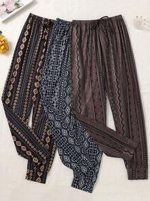 Women's Pajama Pants, 3-Piece Long Pants Set, Loungewear, Suitable For Spring And Summer - Multicolor - View 3