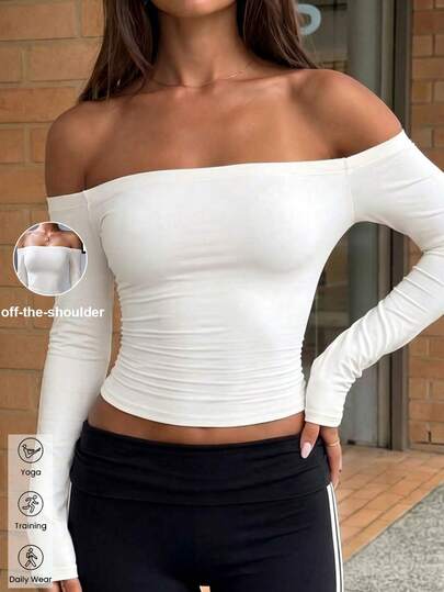 Aoqta Sports Women's Casual Sports Off-Shoulder Long Sleeve T-Shirt, Solid Color Slim Fit Fall/Winter Top,Suitable For Yoga,Running,Fitness,Daily Wear