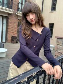 Asymmetrical V-Neck Knit Sweater, Slim Fit Pullover Top For Spring - Royal Blue - View 7