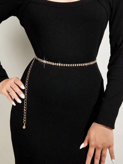 New Full Rhinestone Simple Waist Chain, Exquisite Fashionable All-Rhinestone Sweet Women's Waist Decoration, Daily Waist-Cinching Versatile Geometric Pattern Bohemian Zinc Alloy Waist Chain For All Seasons