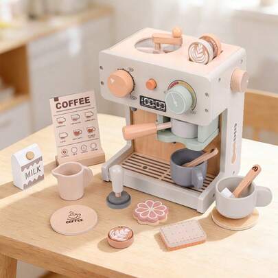 Wooden Pretend Play Coffee Machine Toy Set With Realistic Coffee Grinder And Tamper, Full Set Of Coffee Accessories, Afternoon Tea Kitchen Role Play Game For Kids 3+, Menu Cards, Milk Pitcher, Cups And Dessert Combination, Fine Motor Skills, Imagination And Aesthetic Enlightenment, Parent-Child Interactive Tabletop Educational Toy, Birthday Gift For Boys And Girls