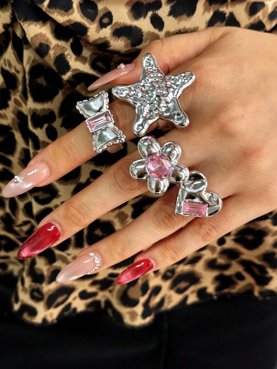 4pcs/Set Cute Creative Y2K Personalized Fashion Unique Bow, Star, Flower Ring Set, Women's Daily Wear, Holiday Party, Gift Jewelry - Multicolor - View 1