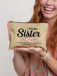 I Love You Sister Linen Tote Bag, Makeup Bag, Minimalist Jesus Letter Print Linen Handbag, Sister Gift, Linen Shopping Bag, Floral Print - Multicolor - View 4