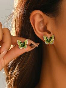 1 Pair Fashionable Exquisite Cute Green Rhinestone Butterfly Stud Earrings For Women, Suitable For Daily Commute, Party And Gathering - Green - View 4