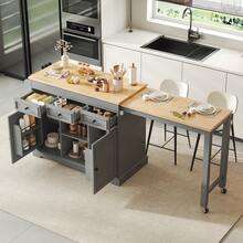 Kitchen Island On Wheels, Extendable Kitchen Island With Dining Area, Spice Rack And Drawers, Freestanding Mobile Kitchen Island, Ideal For Kitchen And Dining Room (Grey). - 灰色 - 查看 3