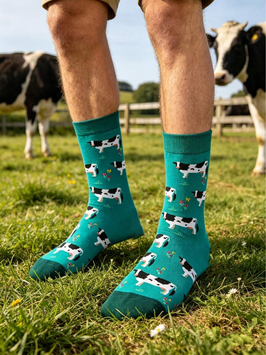 1 par de calcetines de media caña con estampado de vaca lechera para hombres, calcetines de otoño - Multicolor - Ver 1