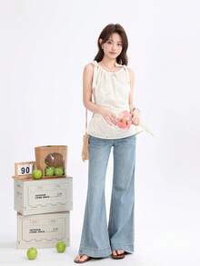 Sweet & Spicy Slimming Vibe 無袖上衣，純色棉質刺繡細肩帶背心，適合晚間約會、度假、日常穿著，夏季款 - 杏色 - 查看 3