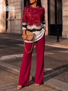 ROSIE POPHUB Women 2Pcs Wine Red Printed Round Neck Long Sleeve Top + Solid Wide Leg Pants Set Elegant Christmas Commute Daily Outfit For Fall Winter - Burgundy - View 3